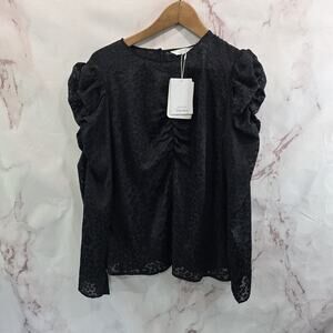 & Other Stories Shirt Womens Medium 10 Black Blouse Leopard Sheer Puff Sleeve